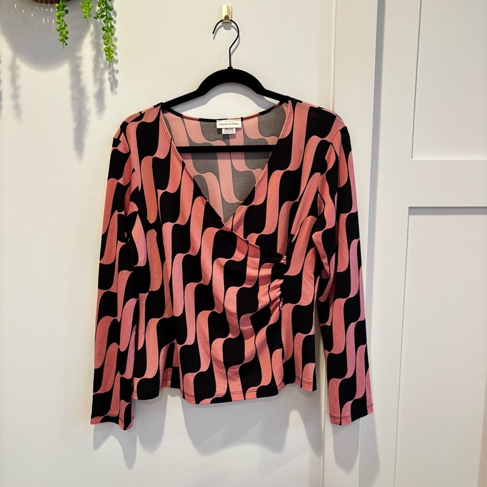 Monroe & Main Geometric Pink Black Faux Wrap Long Sleeve Euro Womens Top X-Large